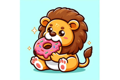 lion eating doughnut cartoon vector