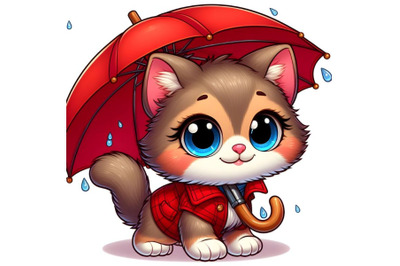 Kitty holds a red umbrella