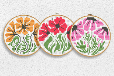 Flowers cross stitch patterns. Spring embroidery hoop. PDF