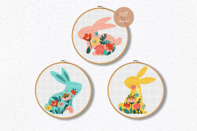 Easter Bunnies Cross Stitch Patterns. Embroidery Easter hoop. PDF