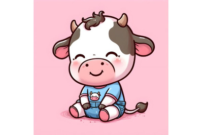 illustration with cute little baby cow sit and laugh