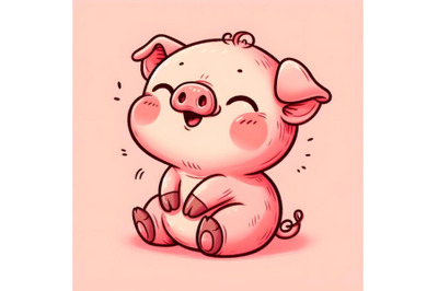 illustration with cute little baby pig sit and laugh