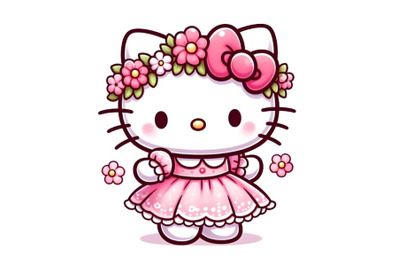 illustration of Hello Kitty with short pink dress and a wreath of pink