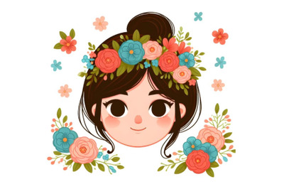 Girl face, floral hairstyle cartoon