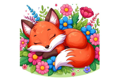 Fox sleeping on the flowers