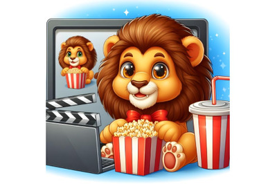 Cute lion eating popcorn and watch 3d movie