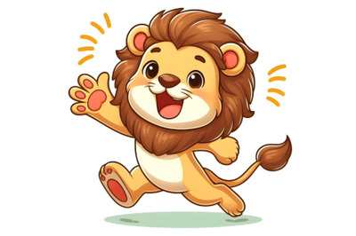 Cute lion cartoon running with laughing and waving