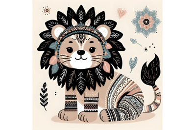 Cute baby lion silhouette boho style