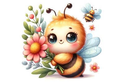 Cute baby honey bee with flower