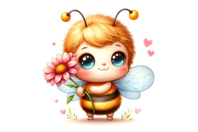 Cute baby honey bee holding flower