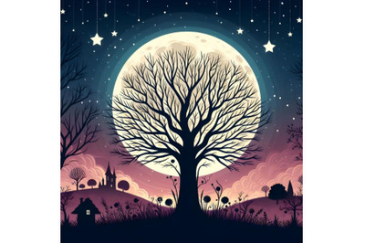 beautiful dry tree infront full moon