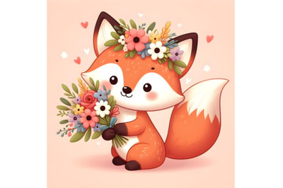 baby fox with floral bouqet