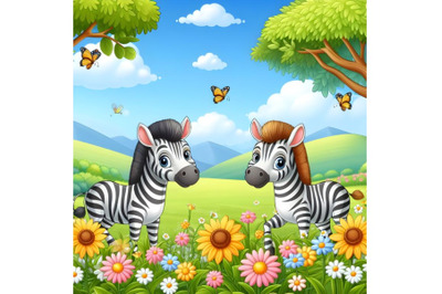 Zebras Spring flowers meadow and blue sky cartoon scene