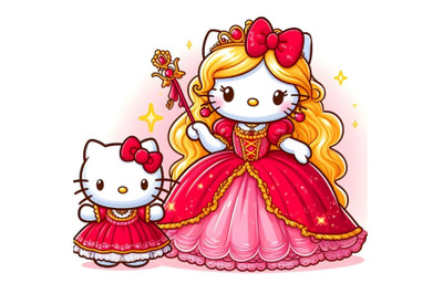 Vector illustration of Hello Kitty with long red dress and red bow iso