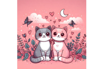 Vector hand drawn illustration with cute two cats