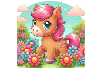 Cute cartoon horse on flower garden