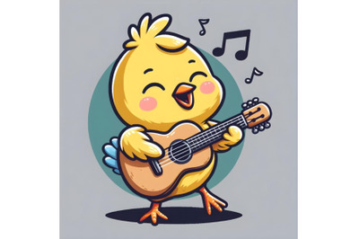 Cute Bird Playing Guitar On Grey