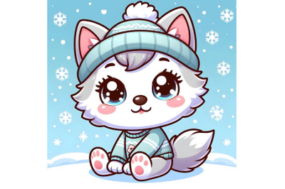 Cute baby wolf with snow background