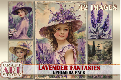 Vintage Lavender fantasies Ephemera Pack,junk journal