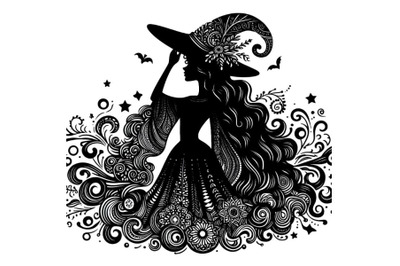 beautiful witch with long curly hair silhouette