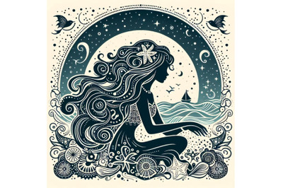 beautiful sea girl with long curly hair