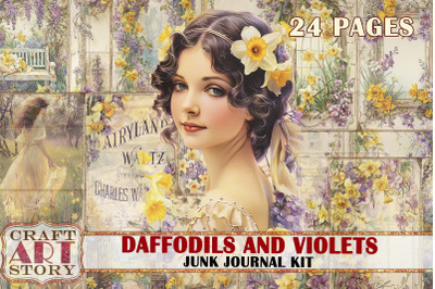 Vintage Daffodils &amp; violets Junk Journal Kit,scrapbook