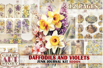 Vintage Daffodils &amp; violets Junk Journal Kit ADDON,scrapbook