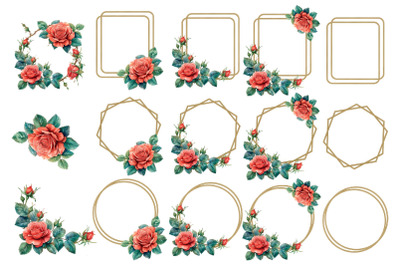 Floral Double Gold Flower PNG Frame Border, Frame with Roses