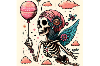 human skeleton fly with balloon boho style