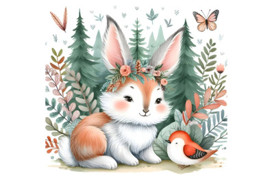 Cute baby rabbit animal, forest illustration