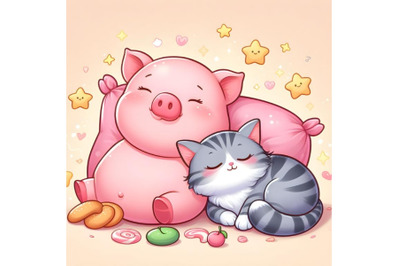 Cute Baby Piggy Sleeping with cat