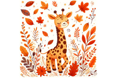 Funny girrafe in autumn leaves