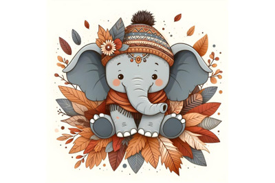 Funny baby elephant in autumn leaves