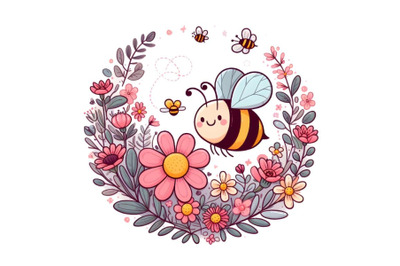 Floral card, round frame with cute bee, flower and plants. Vector illu