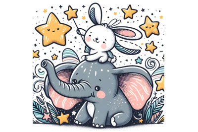 Cute Elephant and Bunny Catching Shooting Stars