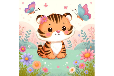 Cute Cartoon Tiger on a meadow