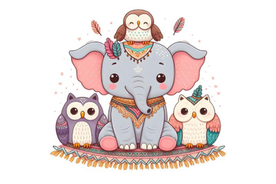 Cute Cartoon Elephant and Five Owls