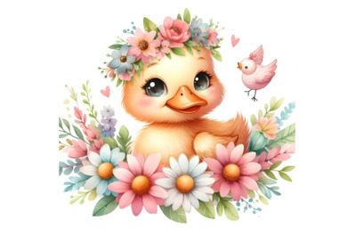 Cute Baby Duck With Flowers