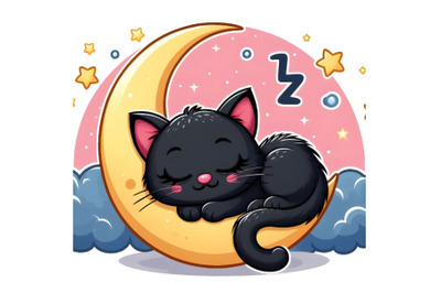 Cute Baby black kitty Sleeping over crescent moon