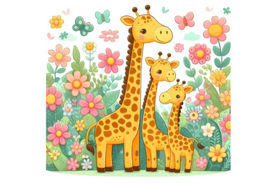 Cartoon Giraffes on a flowers background