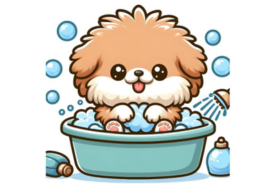 baby Fluffy dog having a bath