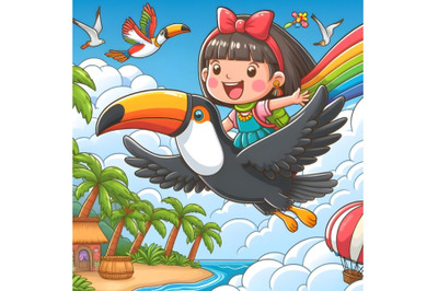 a cartoon girl flying with toucan