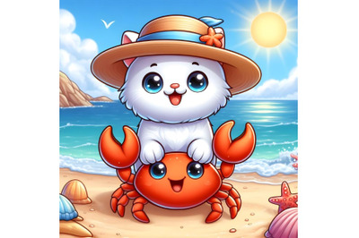 White Kitty in a hat and cute crab on the beach. Cartoon White Kitty i