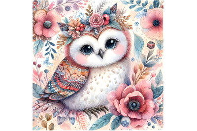 Watercolor floral background with a beautiful owl