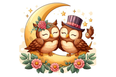 Two sweet brown owls over crescent moon