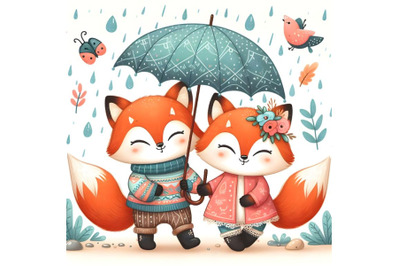 Two cute cartoon foxes with umbrella under the rain