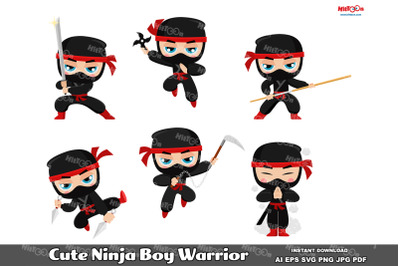 Cute Ninja Boy Warrior Cartoon ClipArt