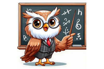 Owl teacher holding pointer at blackboard