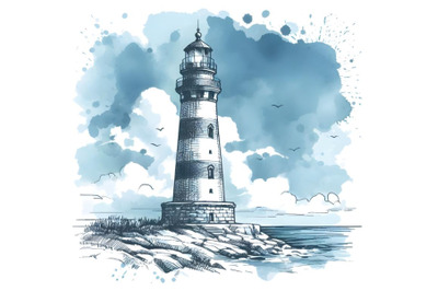 lighthouse at blue watercolor background