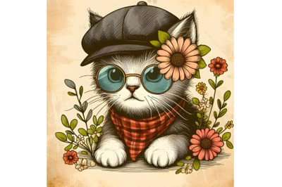 Hipster kitty with flowers on vintage textured background, cat hand dr